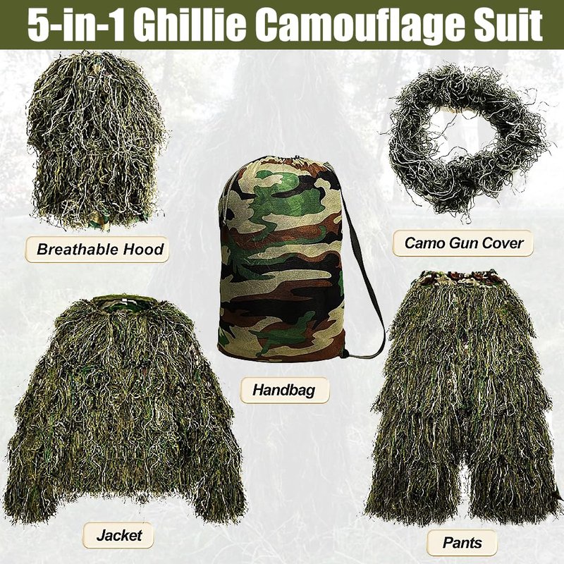 MOPHOTO 5 in 1 Ghillie Suit 3D Camouflage Hunting Suits - Jacket, Pants, Hood, Carry Bag for Youth & Adults M/L/XL/XXL
