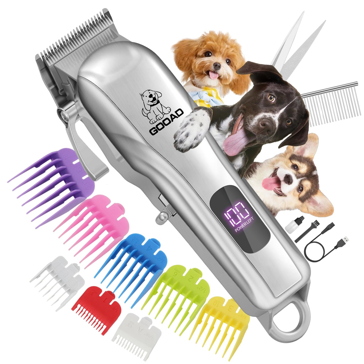 Gooad Dog Clippers for Grooming for Heavy Thick Hair&Coats, Dog Hair Trimmer,Low Noise Rechargeable Cordless Dog Grooming Kit Pet Shaver for Small Large Dogs Pets (Sliver)