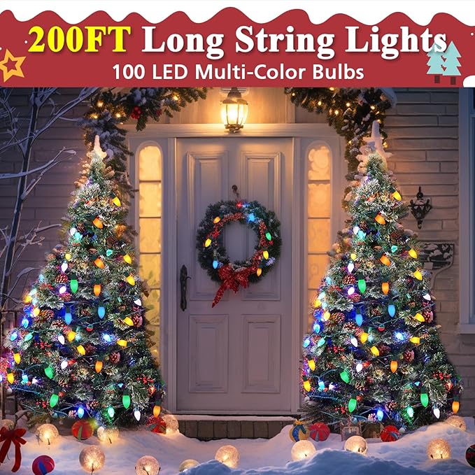 C9 Christmas Lights Outdoor Multicolor, 200FT 100LED string Lights Waterproof Shatterproof, Extendable C9 Xmas Light, Indoor Outdoor Christmas String Light for House Roof Patio Garden Tree Party