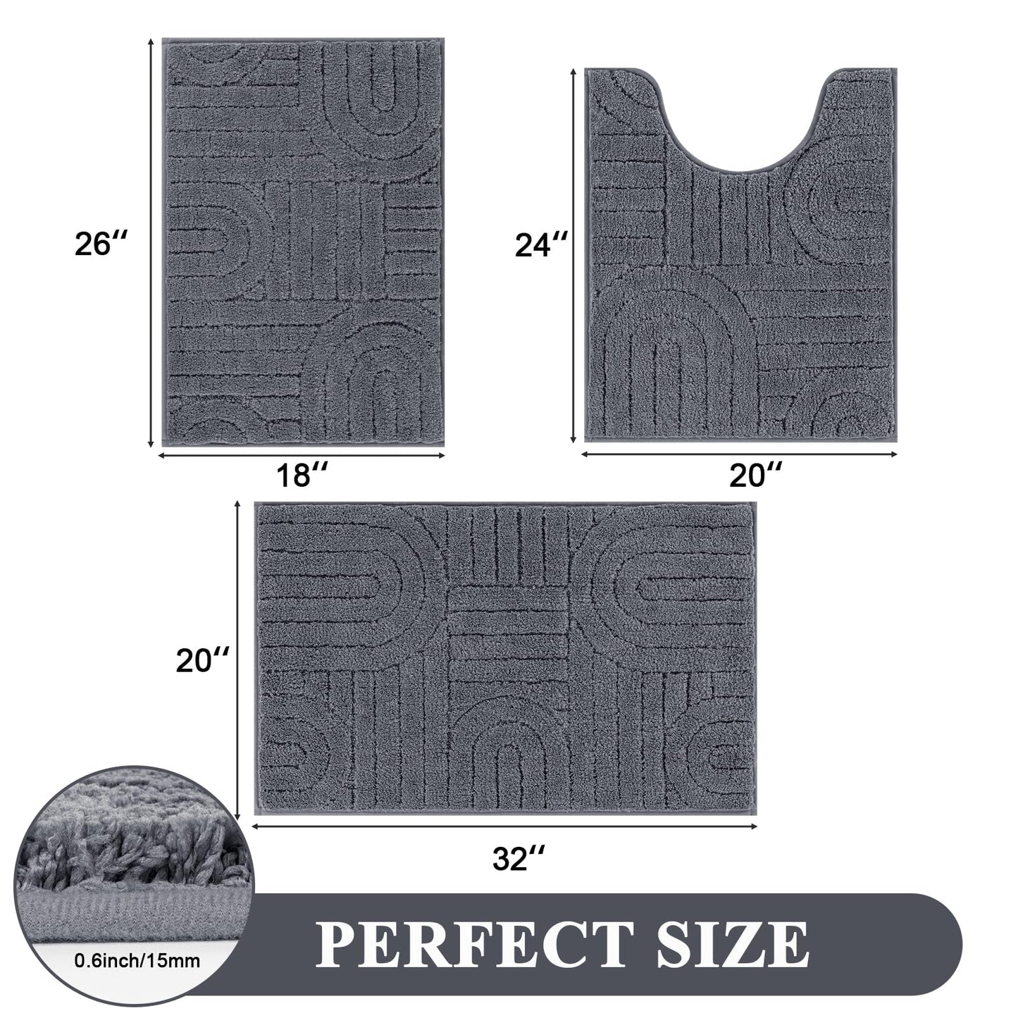 Vaukki Bathroom Rugs Sets 3 Piece, Grey Washable Non Slip Soft Bath Mats for Shower and Tub, Plush Absorbent Microfiber Toilet Rug U Shaped, 32x20+26x18+24x20 Inch