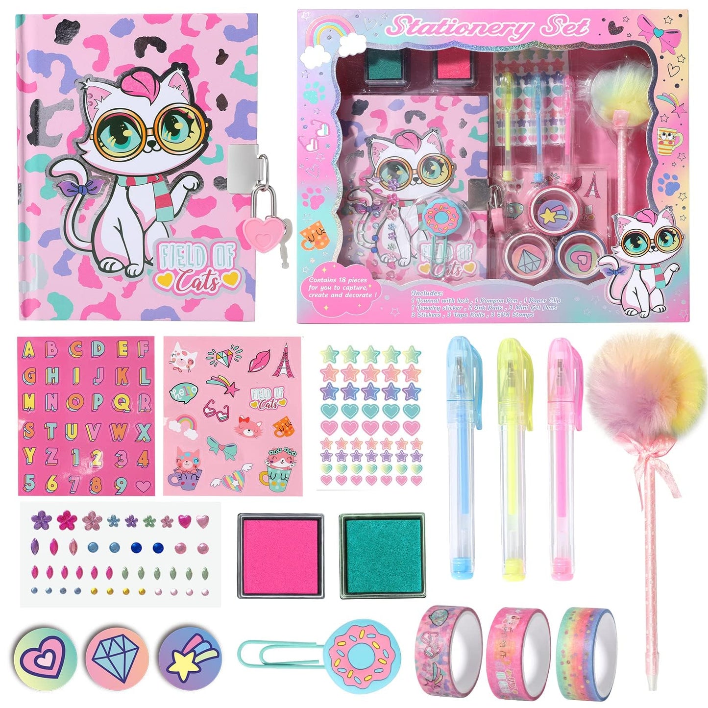 YOYTOO Cat Diary for Girls with Lock, Cat Stationery Set with Secret Diary, Stamps, Pens, Journal Notebook Birthday Christmas Gifts for Little Girls Age 5 6 7 8 9 10