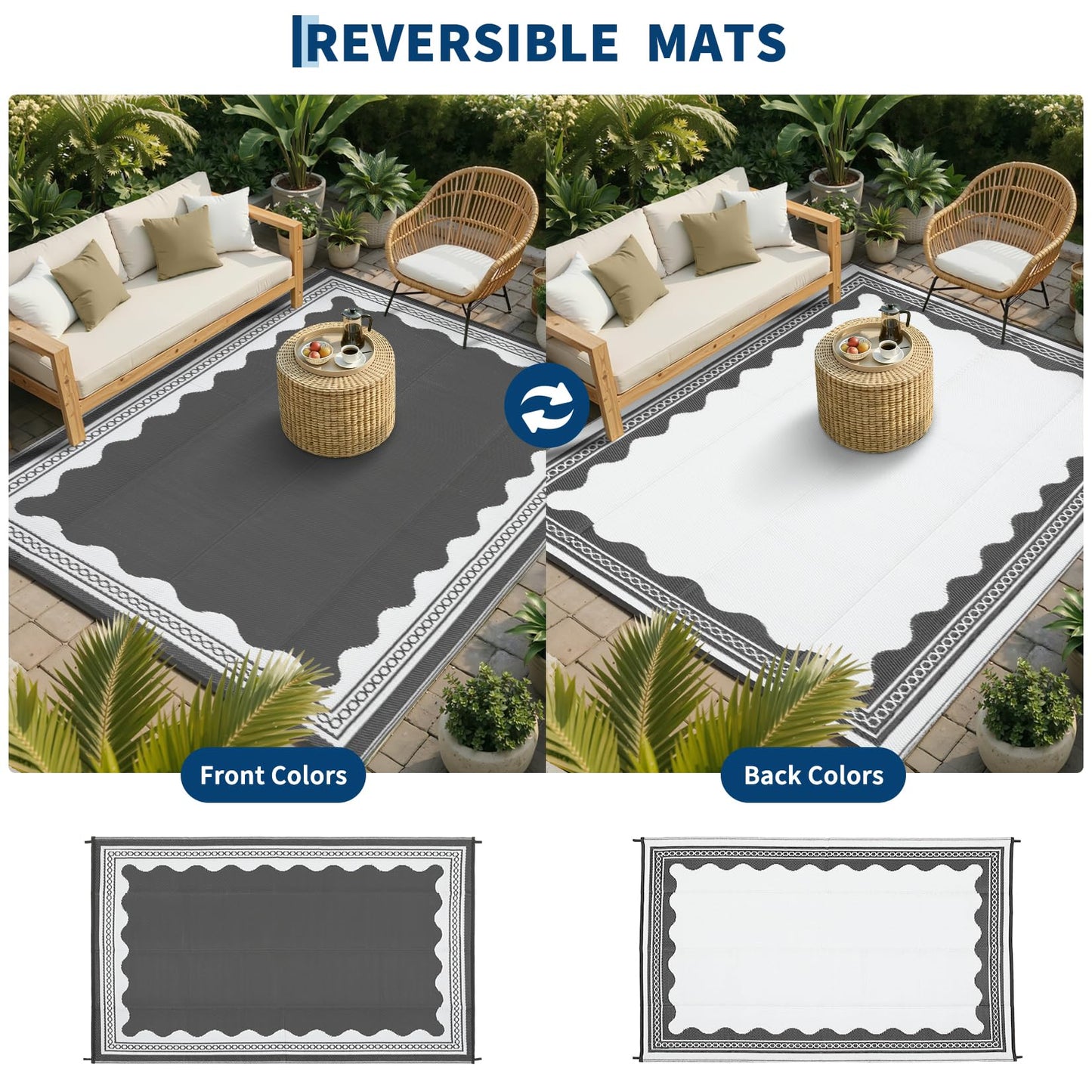 GarveeHome Outdoor Rug 10x14 Patio Waterproof, Reversible Plastic Straw Rugs for Camping, Picnic, Balcony, Porch, RV, Easy-Clean & Quick Dry Scalloped Pattern Large Indoor Outdoor Carpet, Grey