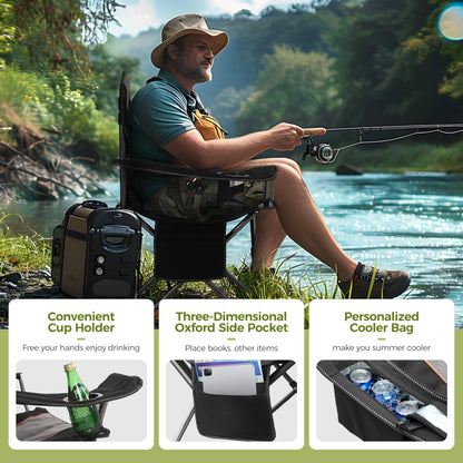 ALPHA CAMP 2PC Oversized Camping Folding Chair, Heavy Duty Support 450 LBS Steel Frame Collapsible Padded Arm Chair with Cup Holder Quad Lumbar Back, Portable for Outdoor,Black