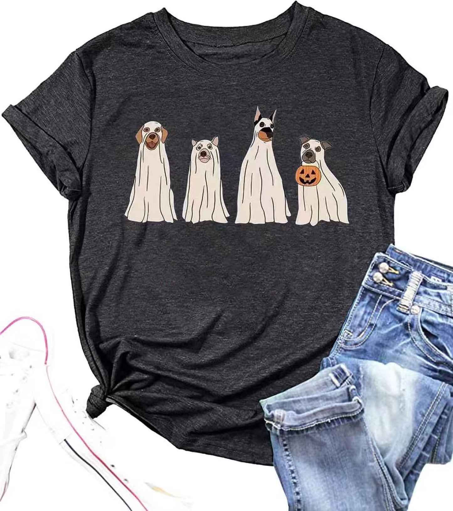 Halloween Ghost Dog T Shirt Women Dog Lover Shirt Funny Spooky Pumpkin Graphic Tshirt Fall Holiday Shirts Tops(D-Dark Gray1,L)
