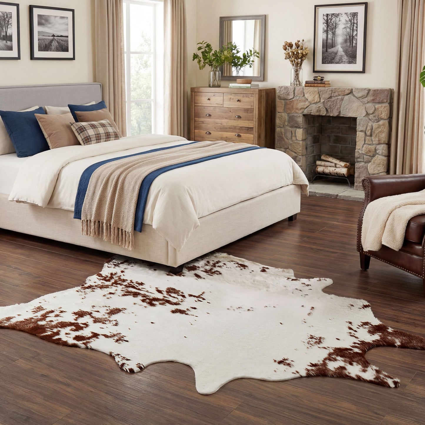 JONIYEAR Large Durable Faux Cowhide Area Rug 4.9 x 6.56 Feet, Premium Cow Print Rug for Living Room Bedroom, Durable Faux Fur Animal Cow Hide Carpet for Western Farmhouse Decor, Brown and White
