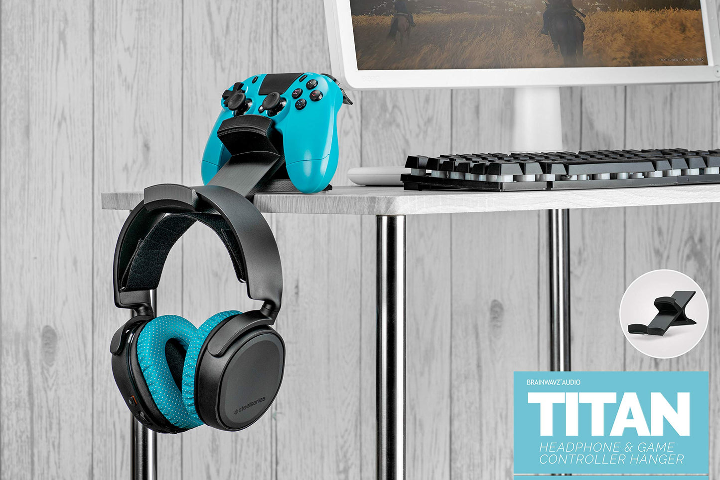 BRAINWAVZ The Titan - Desktop Gamepad Controller & Headphone Hanger Holder - Designed for XBOX ONE, PS4, PS3, Dualshock, Switch, PC, Steelseries, Steam & More, Reduce Clutter, Black