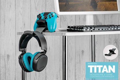 BRAINWAVZ The Titan - Desktop Gamepad Controller & Headphone Hanger Holder - Designed for XBOX ONE, PS4, PS3, Dualshock, Switch, PC, Steelseries, Steam & More, Reduce Clutter, Black