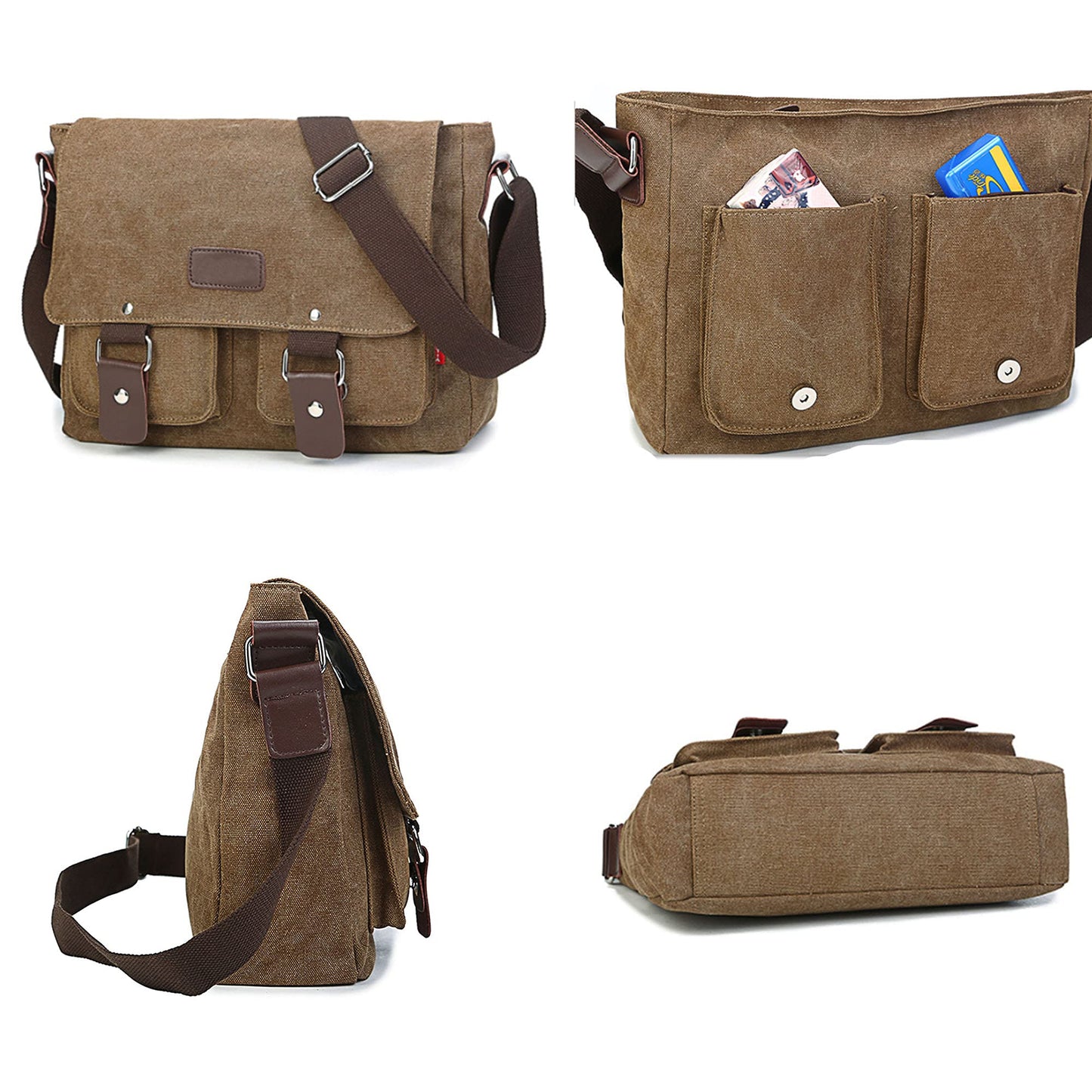 XFLYP Messenger Bag Mens, Men Shoulder Bags Canvas Satchel Cross Body Messenger School Working Satchel Briefcase, with Multiple Pockets for Work, School, Traveling and Daily Use, Brown