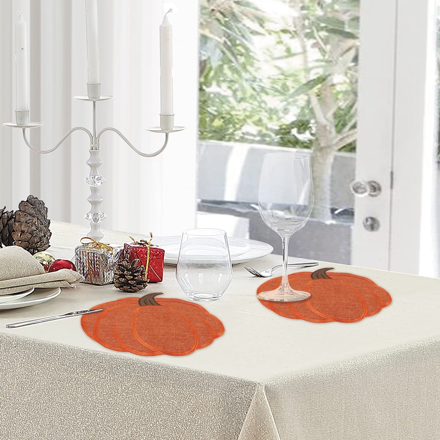 OWENIE Thanksgiving Harvest Pumpkin Placemats 15 x 15 Inch, Set of 4, Embroidered Diecut Place mats, Fall Autumn Home Decorations, Orange Table Mats for Halloween Kitchen Dinning Room, 15 Inch Round