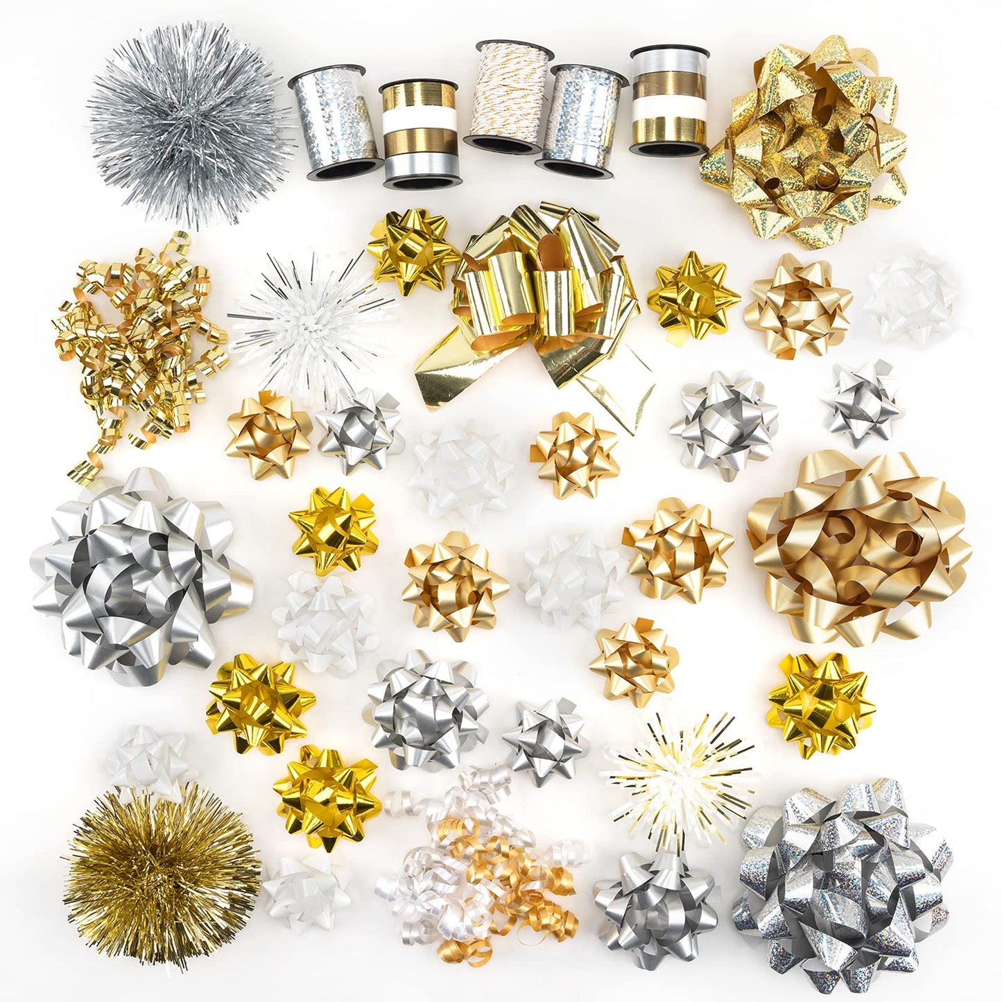 WRAPAHOLIC 40 Pcs Gift Bows Assortment - 28 Assorted Size Gift Bows(Gold&Silver&White), 1 Pull Bow, 2 Tinsel Bows, 2 Fountain Bows, 2 Curly Bows, 4 Curling Ribbons, 1 Cotton Twine