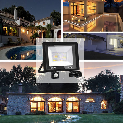 treoir 50W Security Lights Outdoor Motion Sensor,5000LM Outdoor Spotlight with PIR,IP66 Waterproof 3500k LED Spotlight for Garden,Garage,Square,Car Park,Construction Site ect(50W,Warm White)
