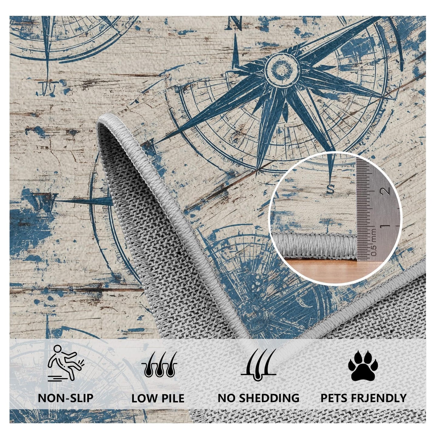 Naval Compass (Blue) Round Rug 4 ft Round Washable Area Rug Indoor Floor Cover Shabby Chic Wooden Planks Circle Mat Round Rugs Non Slip Low Pile Carpet for Entryway Living Room Bedroom