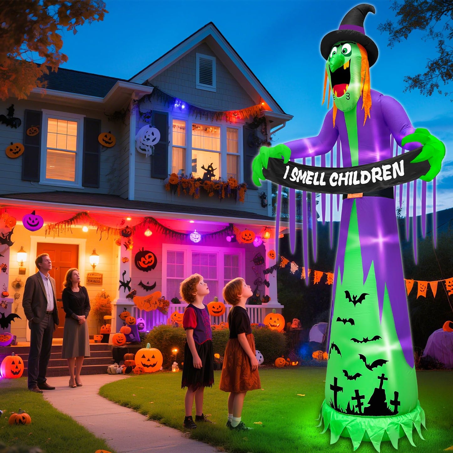 12 FT Giant Halloween Inflatables Witch Outdoor Decorations with LED Lights,Scary Witch Holds I Smell Children Banner Blow Up Halloween Decorations Outdoor Yard Garden Lawn Home with Stakes Tether