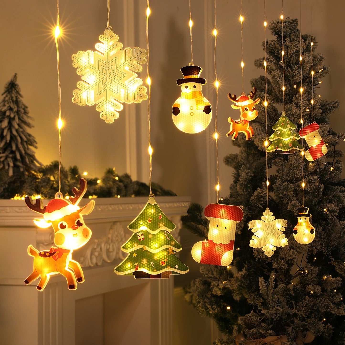 BLOOMWIN Window Lights Christmas Decor - 9.8ft LED Xmas Window Lights Indoor Curtain String Lights - 3D Hanging Christmas Novelty Decorations Bay Window Bedroom Snowflakes Snowman