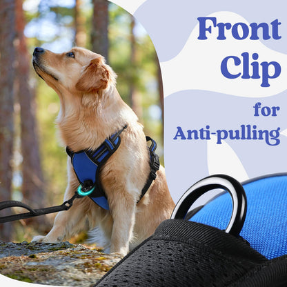 rabbitgoo Dog Harness Medium with Neck Release Buckle, Adjustable No Pull Harness with Front Back Clips, Soft Padded with Easy Control Handle, Reflective Pet Walking Vest, Blue, M