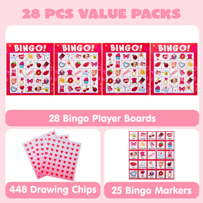 JOYIN 28 Players Valentine's Day Bingo Set, Game Cards for Kids School Classroom Party Supplies, Family Activity