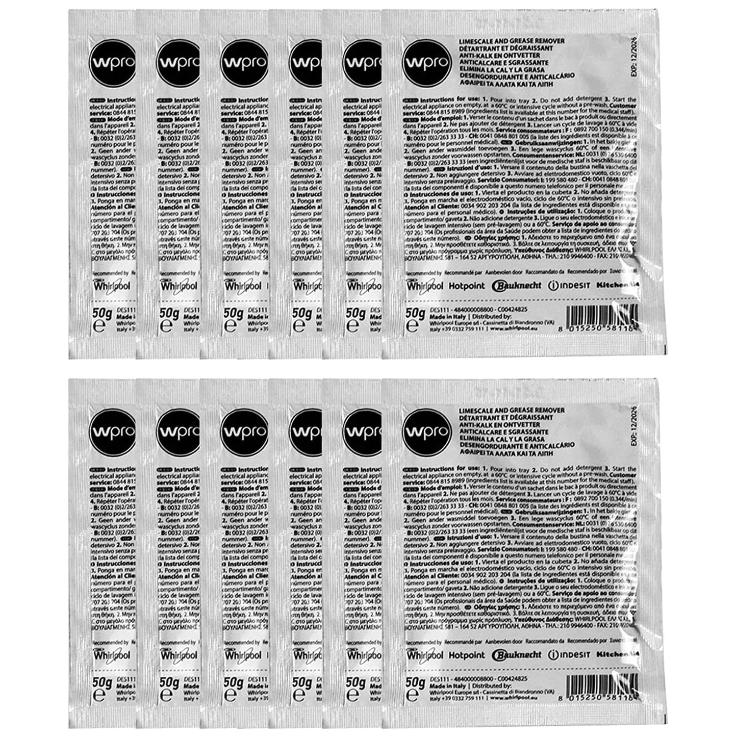 WPRO Indesit Limescale And Detergent Descaler and De Greaser (Box Of 12) Helps Kill Bacteria And Eliminates Odours And Keeps Your Washing Machine Smelling Fresh