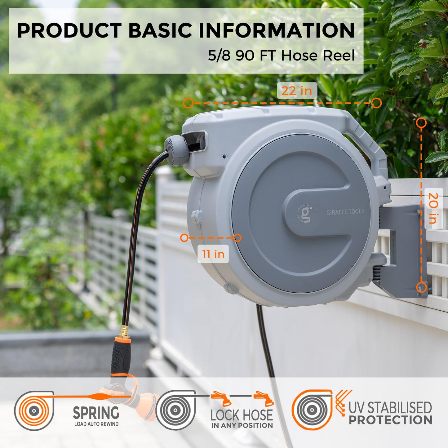 Giraffe Tools Retractable Garden Hose Reel, 5/8 in x 90 ft Heavy Duty Hose Reel With 9 Pattern Nozzle, Any Length Lock, Wall Mount Water Hose Reel, 180°Swivel, Light Grey