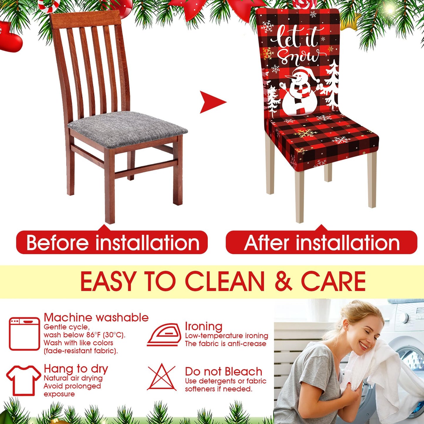 Ganeen 6 Pcs Christmas Chair Covers Merry Christmas Chair Back Cover Stretch Christmas Seat Cover Washable Xmas Dining Chair Protector Slipcover for Dining Room Kitchen Holiday Party (Cute Style)