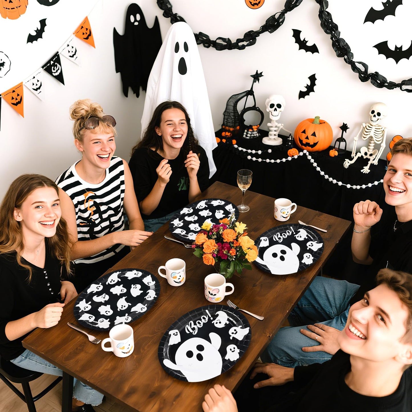 50Pcs Halloween Oval Paper Plates 10" x 12" Large Disposable Heavy Duty Cute Pumpkin Ghost Black Cat Paper Platters Jack-O-Lantern Dessert Plates for Halloween Birthday Holiday Party Supplies