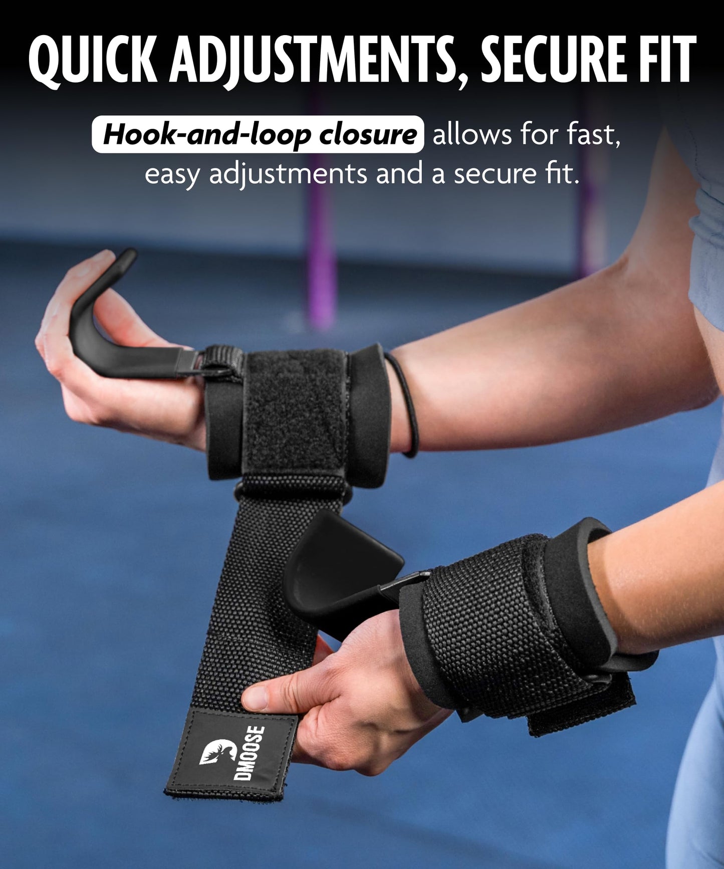 DMoose Fitness Weight Lifting Hooks (Pair) for Deadlifts, Pull Ups & Shrugs - 500 Lbs Capacity, Thick Wrist Padding - Heavy Duty Gym Workout Grips Straps for Men and Women