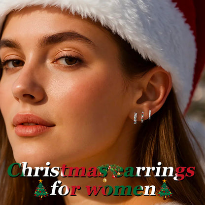 Inerney Sterling Silver Christmas Earrings Set for Women, Dainty Small Huggie Hoop Earrings Holiday Jewelry for Multiple Piercings, Trendy Twisted Cute Cartilage Hoops Winter Gift for Sensitive Ears