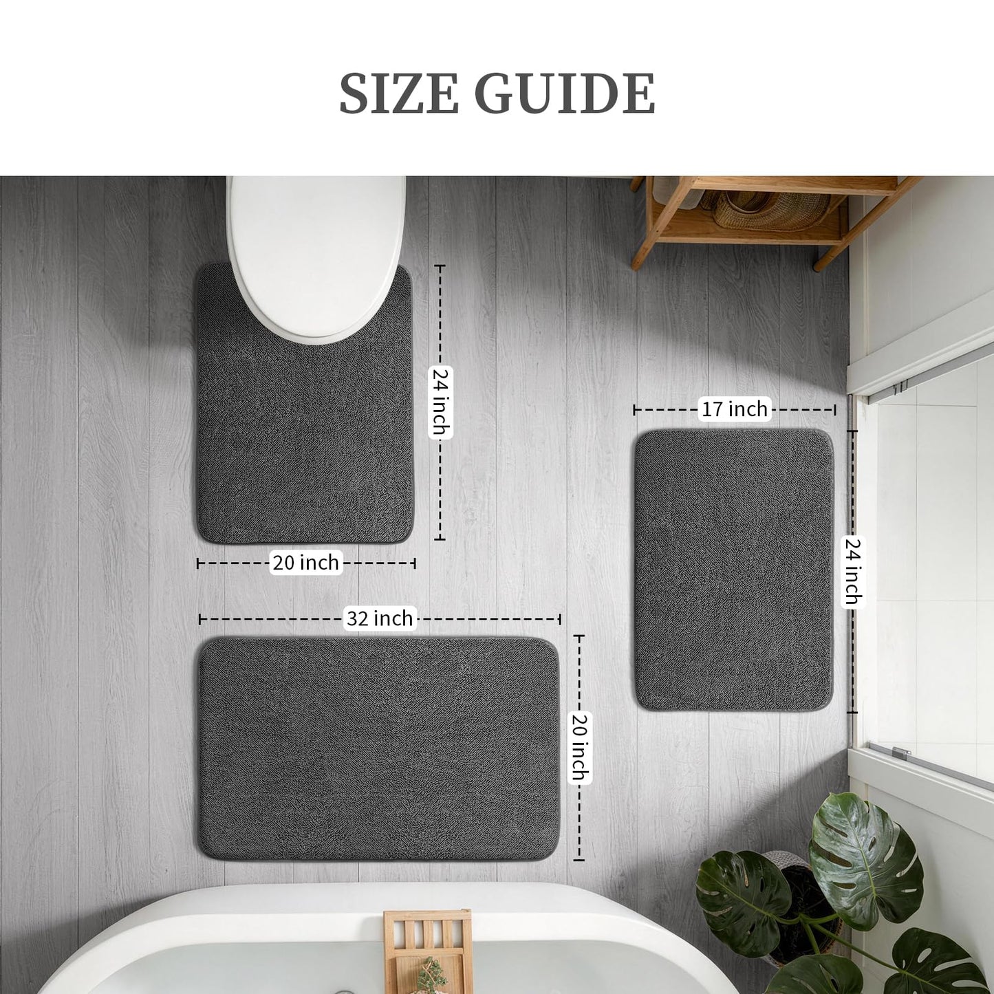 YIHOUSE Memory Foam Bathroom Rugs Sets 3 Piece - Extra Thick Soft Towel-Like Absorbent Bath Mat Set, Non Slip Machine Washable Bath Rugs Carpet for Bath, Tub and Shower, Dark Grey