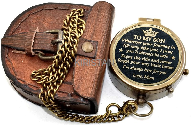 Antique Brass 2 Inch Compass | to My Son I'm Always here for You | Engraved Pocket Chain Compass with Leather Case for Love Mom to Son Antique Compass, Birthday Gift, Graduation Gift