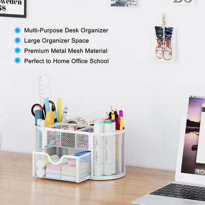 EasyPAG Mesh Desk Organizer, Multi-functional Stationery Organizer for School Supplies, Office Pen Holder for Desk, 9 Compartments Dorm Organization with Drawer, White