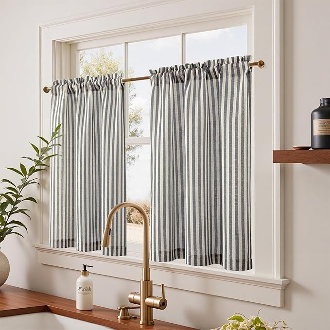 jinchan Striped Linen Kitchen Curtains 36 Inches Tier Curtains Farmhouse Modern Cafe Style Small Window Treatments Airy Light Filtering Rod Pocket for Living Room Bathroom 2 Panels Charcoal Grey
