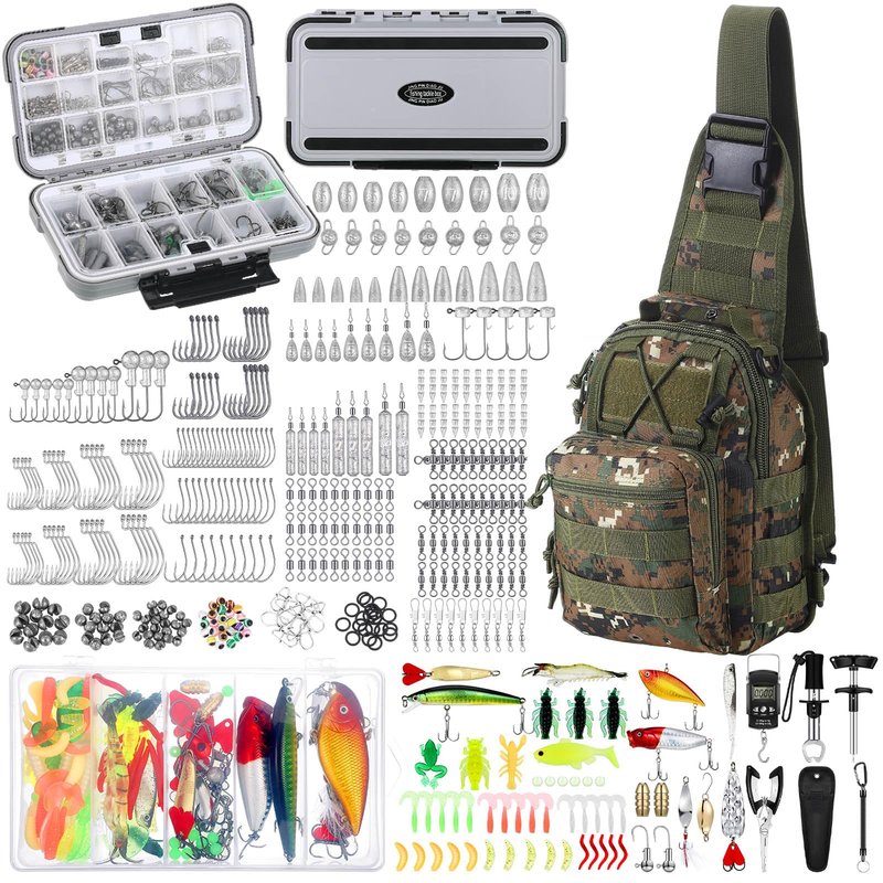 Seenelling 482 Pcs Fishing Tools Kit Fishing Accessories Kit Include Fish Hook Lures Hook Remover Lip Gripper Backpack for Men Women Gifts(Camo)