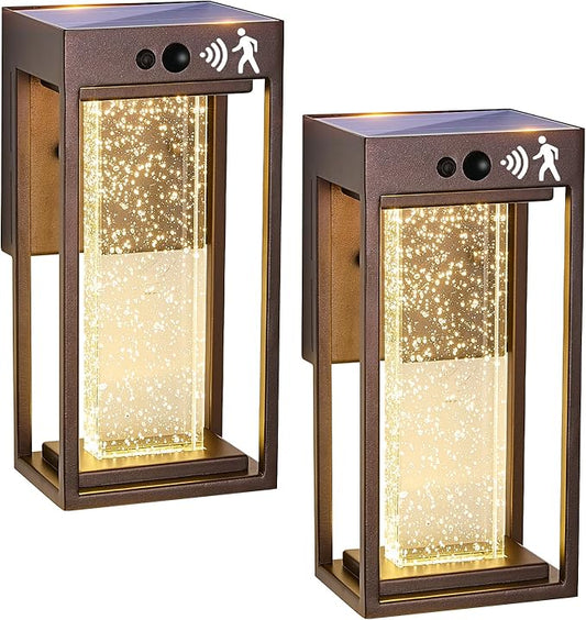 2Pk Oil Rubbed Bronze Solar Outdoor Sconces with 3 Modes Motion Sensor Crystal Exterior Light Fixtures with 4500K 250LM LED Outside Lights for House Waterproof Dusk to Dawn Solar Porch Lights