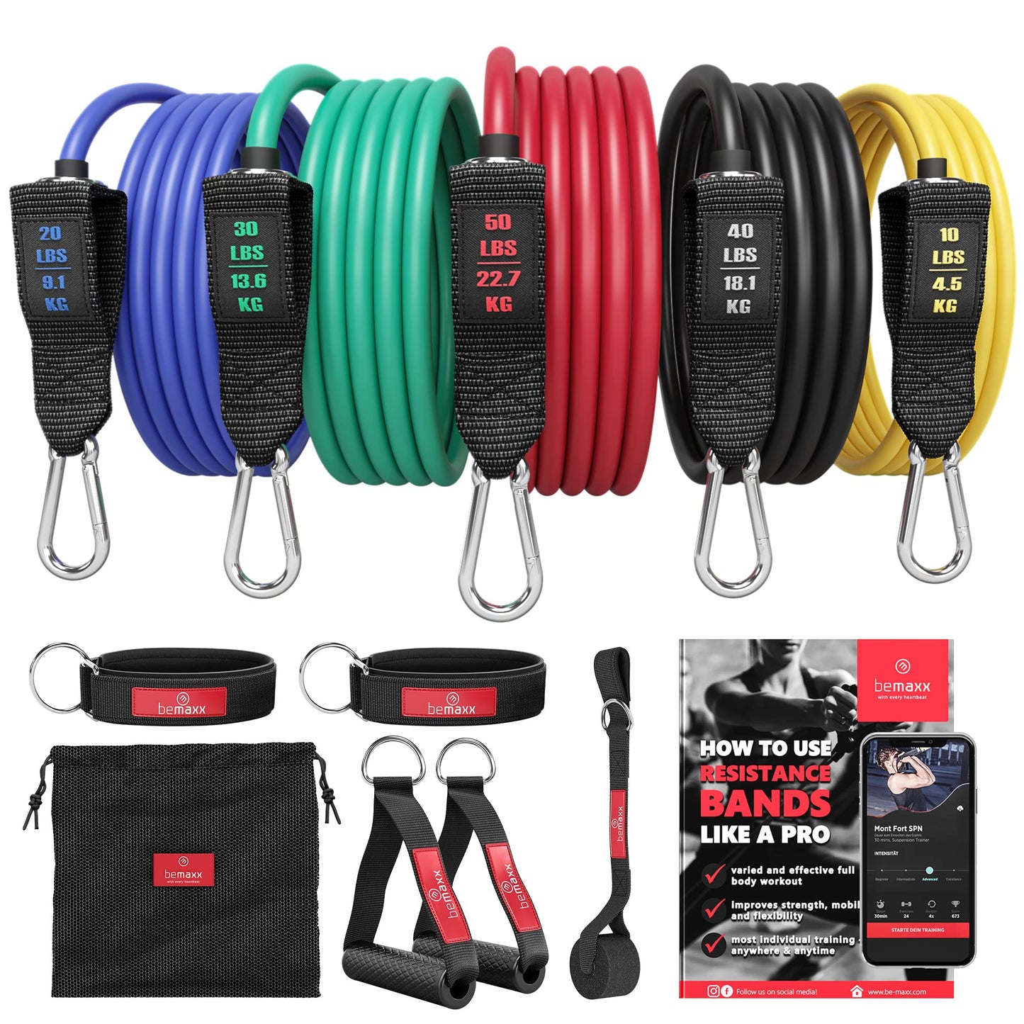 Resistance Bands Set with Handles, Door Anchor, Ankle Straps + Exercise Ebook, 5 Long Latex Tubes Premium Heavy Duty Expander Cords, Full Body Butt Leg Fitness Workout Women, Powerlifting Training Men