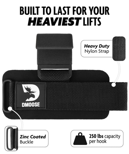 DMoose Fitness Weight Lifting Hooks (Pair) for Deadlifts, Pull Ups & Shrugs - 500 Lbs Capacity, Thick Wrist Padding - Heavy Duty Gym Workout Grips Straps for Men and Women