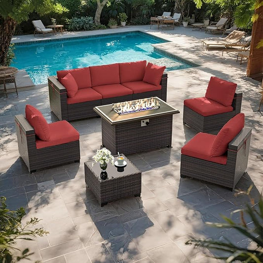 ALAULM 8 Pieces Patio Furniture Set with Propane Fire Pit Table Outdoor Patio Furniture Outdoor Sectional 55000 BTU Gas Fire Pit Brown PE Rattan Patio Conversation Set w/6 Cushions-Red