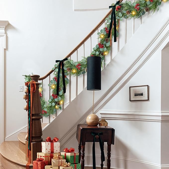 6FT Christmas Garland with Lights Artificial Pine Cypress Eucalyptus Garland with Red Berries Christmas Tips Cedar Garlands,Christmas Decorations Holiday Indoor Outdoor Winter Garland