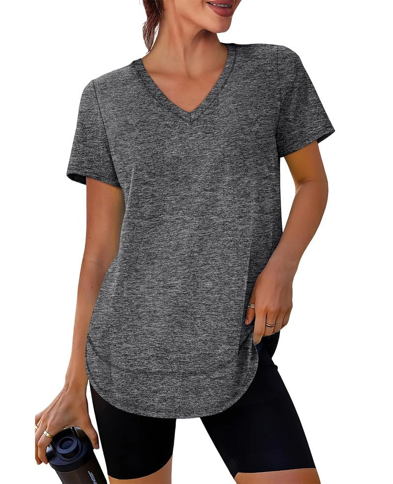 Summer Tops for Women 2026 Short Sleeve Workout Clothes Athletic Shirts Pilates Outfits Camisetas Deportivas para Mujer V Neck Dark Grey L
