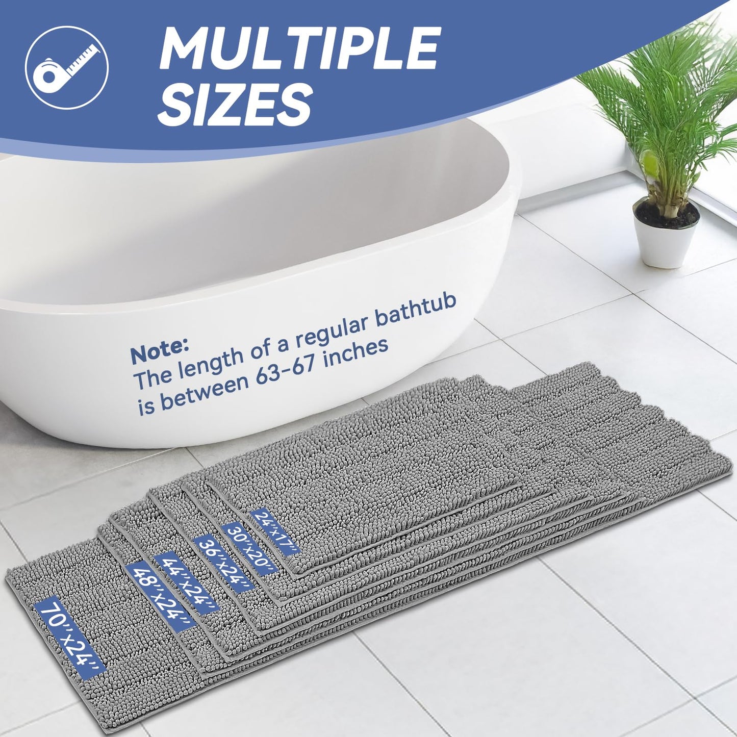 Bcoimo 24"×17" Chenille Bath Mat – Non-Slip with Backing Bath Rug Ultra-Absorbent and Machine Washable Bathroom Mat Quick-Dry Design. Ideal for Bathroom and Tub Areas