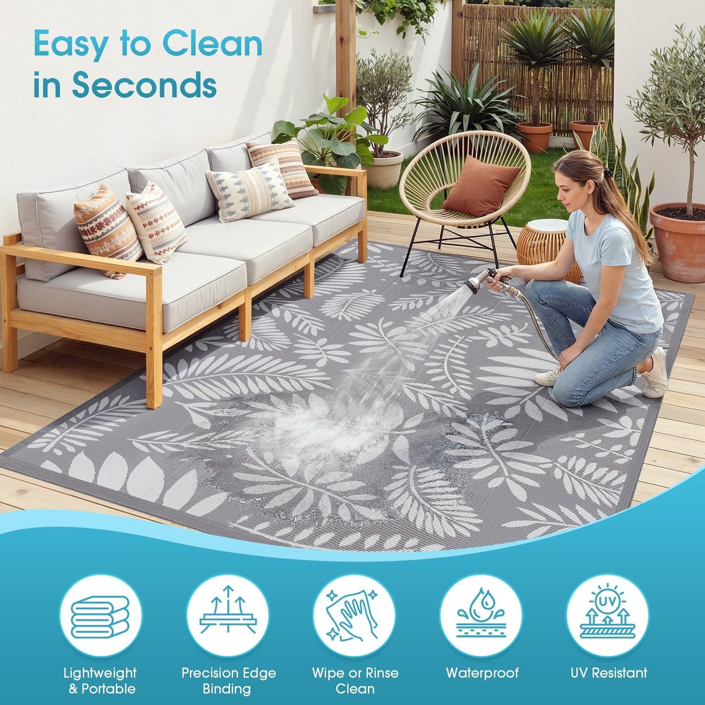 TitanCoziest Outdoor Rug for Patio - 5' x 8', Waterproof, Reversible Outdoor Plastic Straw Rugs with Reinforced Edges, Camping Mat Carpet for RV, Deck, Backyard, Balcony, Picnic, Beach (Leaf Gray)