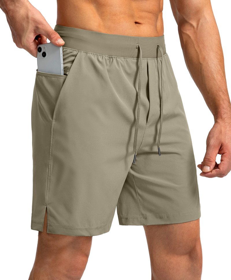 Soothfeel Men's Running Shorts with Zipper Pockets 7 Inch Lightweight Quick Dry Gym Athletic Workout Shorts for Men (Dusty Khaki, M)