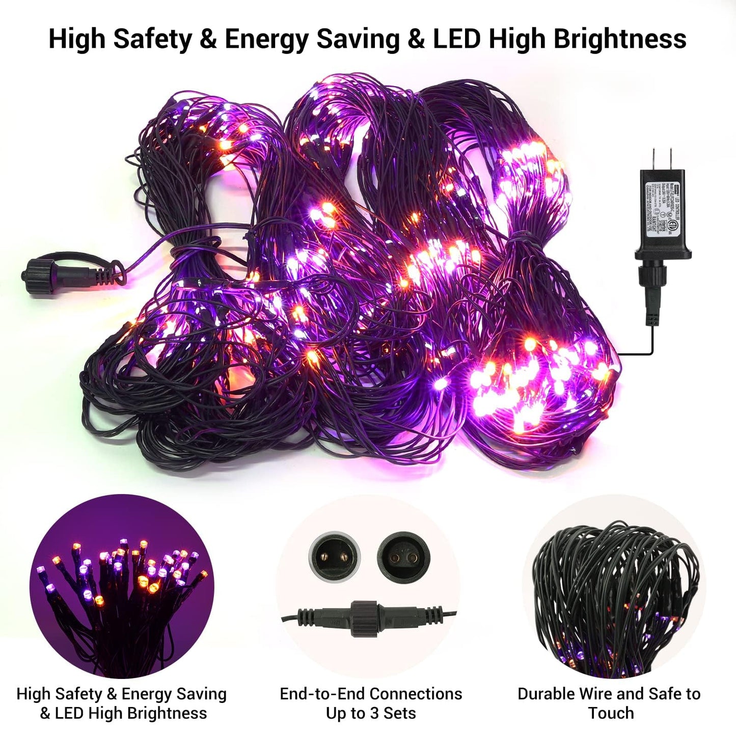 Joomer 12ft x 5ft 360LED Orange Purple Halloween Net Lights Outdoor Mesh lights, 8 Modes Timer Connectable Waterproof Bush Lights Mesh Netting Lights for Halloween Outdoor Decorations (Green Wire)