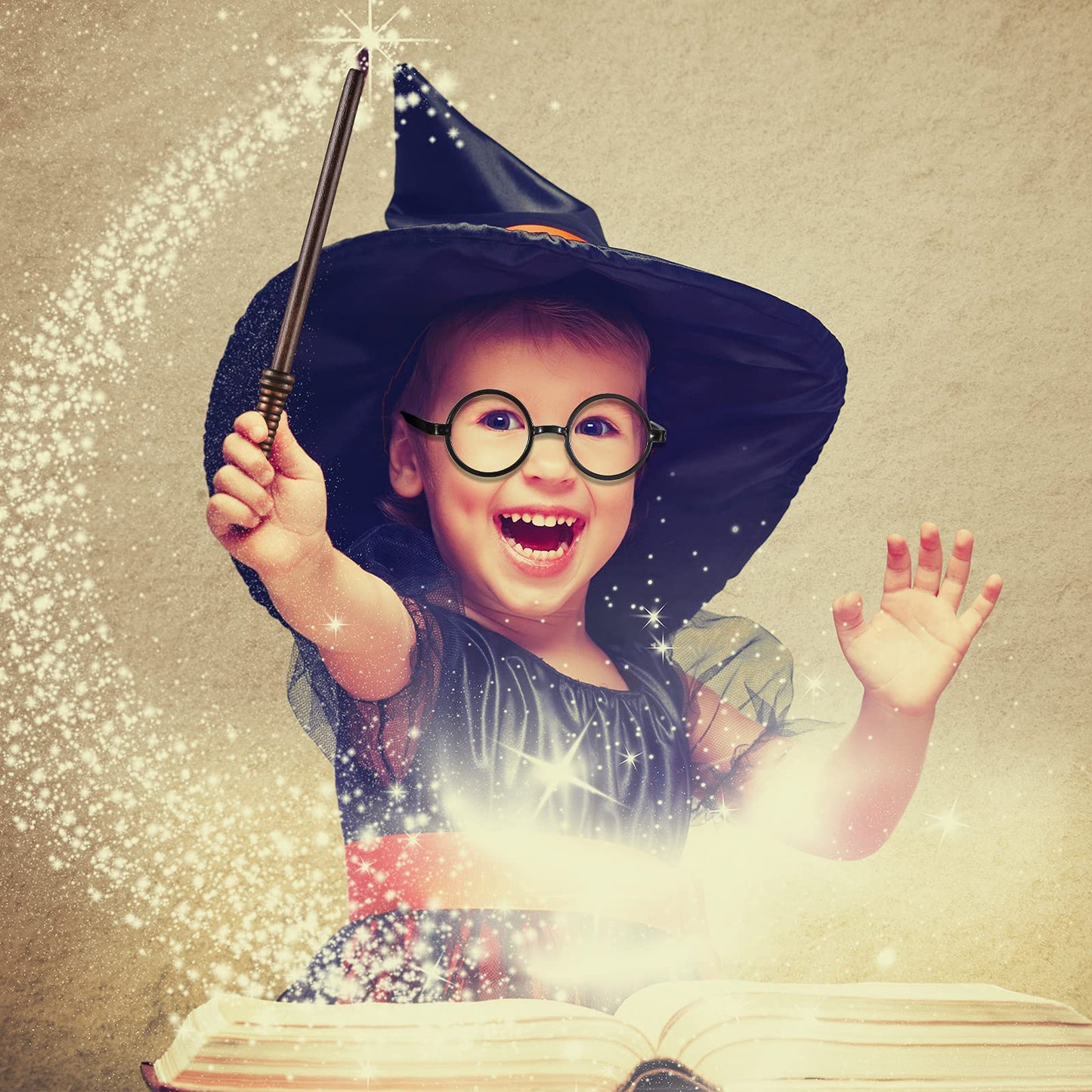 Outus Halloween Wizard Party Favors with 10 Pieces of Round Frame Wizard Glasses and 10 Pieces of Wand Pencils for Adult School Decor Theme Birthday Party Supplies