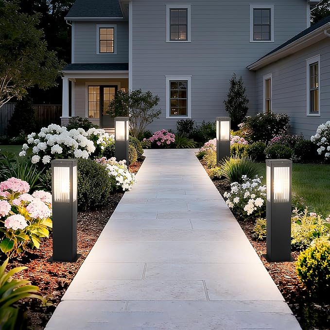 Outdoor Landscape Path Light Stainless Steel Waterproof Bollard Lighting Hardwired E26 Glass Post Pillar Lights Black Modern Lawn Lighting Outside House Pathway Lamp For Garden Patio Yard Street Light