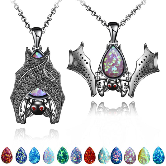 Distance Halloween Gifts Bat Necklace for Women, Pink Opal October Birthstone Pendant 925 Sterling Silver Necklace, Birthday Christmas Jewelry Gifts for Women/Wife/Girlfriend