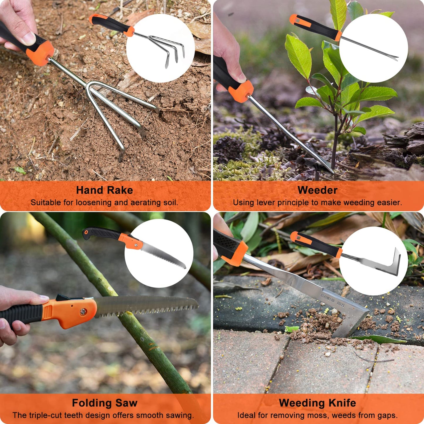 Garden Tools Set, Carsolt 10 Piece Stainless Steel Heavy Duty Gardening Tools Set for Planting Pruning Gardening Kit with Durable Gardening Bag Gloves Gift Box Ideal Garden Gifts for Women Men(Orange)