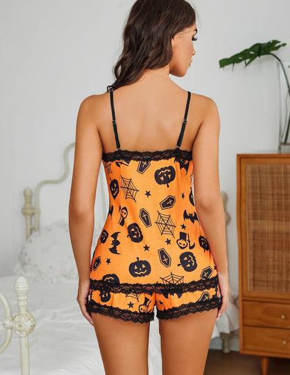 Avidlove Womens Halloween Pajama Sets with Shorts Sexy Cami PJ Set Lace Trim Sleepwear Halloween Orange M