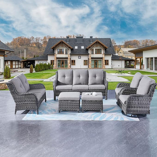 Rilyson Wicker Patio Furniture Set - 6 Piece Rattan Outdoor Sectional Conversation Sets with 2 Rocking Swivel Chairs,2 Ottomans,1 Sofa and 1 Loveseat for Porch Deck Garden(Mixed Grey/Grey)