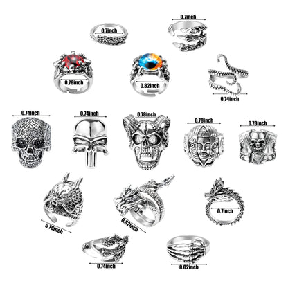 PANTIDE 16Pcs Vintage Silver Punk Rings Set for Men Women, Gothic Alloy Biker Adjustable Rings, Halloween Skeleton Skull Evil Eye Dragon Claw Octopus Dragon Knuckle Stacking Circlet Jewelry