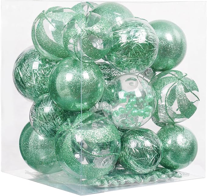 XmasExp 32ct Christmas Ball Ornaments Set -Mint Green Clear Plastic Shatterproof Xmas Tree Ball Decorations Hanging Baubles for Holiday Decor