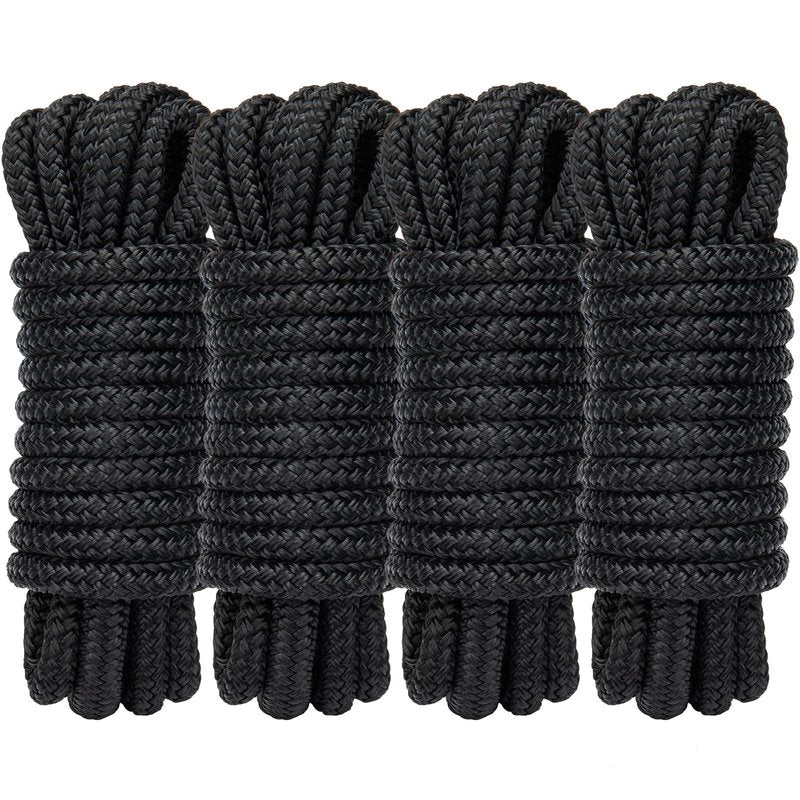 PropelTech 4 Pack 3/8" x 15’ Boat Dock Lines for Boat & Pontoon, Premium Marine- Grade Double Braided Nylon Dock Line, Pre-Spliced with a 12" Eyelet-Black,Boating Gifts for Men